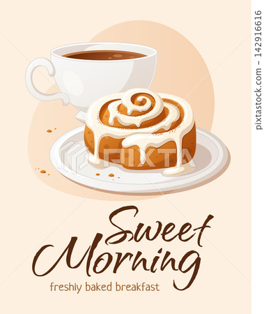Illustrated breakfast banner featuring an iced cinnamon roll on a Illustrated breakfast banner featuring an iced cinnamon roll on a 142916616