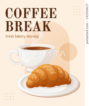 Stylized coffee break poster with a steaming cup of coffee and 142916617