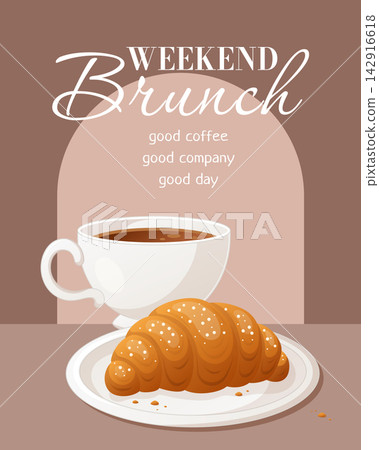 Stylized weekend brunch banner with a golden croissant on a plate, a Stylized weekend brunch banner with a golden croissant on a plate, a 142916618