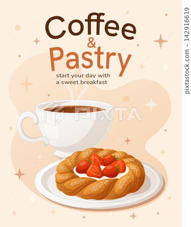 Vertical coffee and pastry promotional banner featuring a steaming 142916619