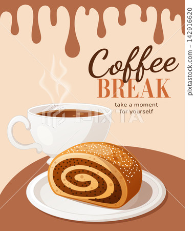 Coffee break banner or flyer design with a steaming cup of coffee, Coffee break banner or flyer design with a steaming cup of coffee, 142916620