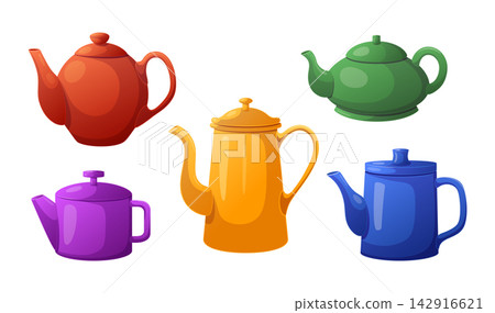 Set of five colorful stylized teapots in red, green, orange, purple, Set of five colorful stylized teapots in red, green, orange, purple, 142916621