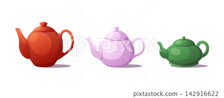 Three round cartoon teapots in red, pink, and green are arranged in Three round cartoon teapots in red, pink, and green are arranged in 142916622