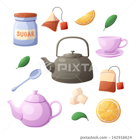Colorful tea time set with kettle, teapot, cup, teabags, sugar, Colorful tea time set with kettle, teapot, cup, teabags, sugar, 142916624