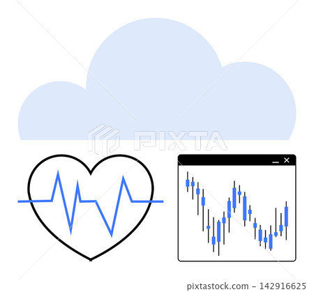 Cloud computing, data analytics, finance, healthcare, technology integration, real-time monitoring. Cloud icon with heart monitor and stock chart. Cloud computing and data analytics concept Cloud computing, data analytics, finance, healthcare, technology integration, real-time monitoring. Cloud icon with heart monitor and stock chart. Cloud computing and data analytics concept 142916625