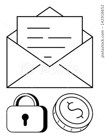 Secure messaging, financial security, data privacy, electronic mail, online transactions, payment protection. Open envelope with a letter, padlock and coin. Data privacy and financial security Secure messaging, financial security, data privacy, electronic mail, online transactions, payment protection. Open envelope with a letter, padlock and coin. Data privacy and financial security 142916652