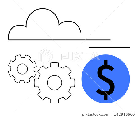 Financial technology, cloud storage, data management, business processes, operational efficiency, digital economy. Cloud, gears and dollar sign on a plain background. Cloud storage and financial Financial technology, cloud storage, data management, business processes, operational efficiency, digital economy. Cloud, gears and dollar sign on a plain background. Cloud storage and financial 142916660