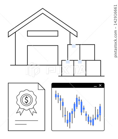 Supply chain, logistics, inventory tracking, financial investments, stock market, economic analysis. Warehouse with boxes, document and stock chart. Supply chain and financial investments concept Supply chain, logistics, inventory tracking, financial investments, stock market, economic analysis. Warehouse with boxes, document and stock chart. Supply chain and financial investments concept 142916661