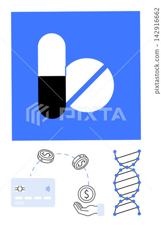 Healthcare innovation, pharmaceuticals, medical technology, genetic research, financial investment, economic analysis. Capsule, pill DNA helix and currency symbols. Pharmaceuticals and healthcare Healthcare innovation, pharmaceuticals, medical technology, genetic research, financial investment, economic analysis. Capsule, pill DNA helix and currency symbols. Pharmaceuticals and healthcare 142916662