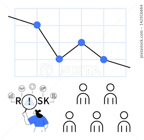 Risk management, business strategy, team analysis, decision-making, financial trends, problem-solving. Chart with downward trend, stick-figure team members individual analyzing risk. Risk management Risk management, business strategy, team analysis, decision-making, financial trends, problem-solving. Chart with downward trend, stick-figure team members individual analyzing risk. Risk management 142916664