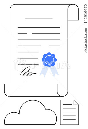 Digital security, electronic contracts, cloud storage, e-signatures, certification, data sharing. Document with signature and blue seal over a cloud icon. Digital security and electronic contracts Digital security, electronic contracts, cloud storage, e-signatures, certification, data sharing. Document with signature and blue seal over a cloud icon. Digital security and electronic contracts 142916670