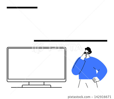 Digital decision-making, creative thinking, workflow planning, technology interaction, visual storytelling, modern workspaces. A man pondering beside a computer screen. Creative thinking and digital Digital decision-making, creative thinking, workflow planning, technology interaction, visual storytelling, modern workspaces. A man pondering beside a computer screen. Creative thinking and digital 142916671