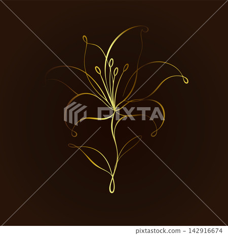 A golden flower drawn with a single line on a dark background. Hand-drawn. Not AI. Vector illustration. A golden flower drawn with a single line on a dark background. Hand-drawn. Not AI. Vector illustration. 142916674