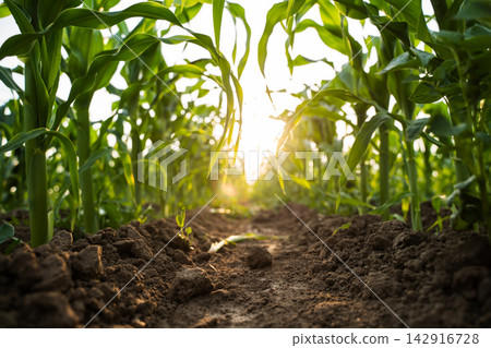 Corn field growing with rich soil and sun rays, agriculture farming for food production and sustainable harvest Corn field growing with rich soil and sun rays, agriculture farming for food production and sustainable harvest 142916728