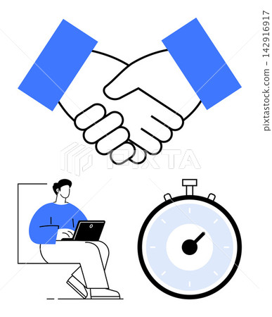 Business partnerships, online teamwork, productivity, efficiency, time tracking, deadline management. A handshake, man with laptop stopwatch. Business partnerships and online teamwork Business partnerships, online teamwork, productivity, efficiency, time tracking, deadline management. A handshake, man with laptop stopwatch. Business partnerships and online teamwork 142916917