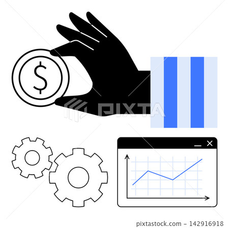 Finance, investment strategies, business growth, innovation processes, market analysis, economic management. Black hand holding coin, gears chart with upward trend. Finance and investment strategies Finance, investment strategies, business growth, innovation processes, market analysis, economic management. Black hand holding coin, gears chart with upward trend. Finance and investment strategies 142916918