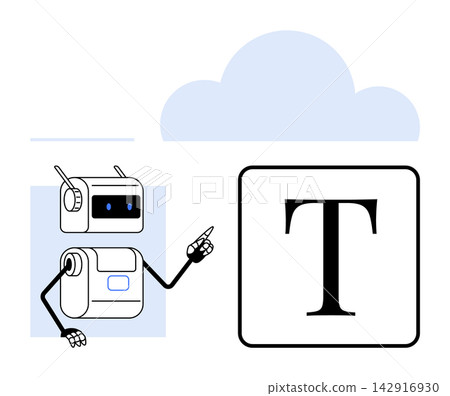 Artificial intelligence, cloud technology, automation, data processing, text analysis, future tech. Robot pointing to a text block with a cloud . Artificial intelligence and cloud technology concept Artificial intelligence, cloud technology, automation, data processing, text analysis, future tech. Robot pointing to a text block with a cloud . Artificial intelligence and cloud technology concept 142916930