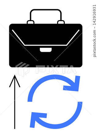 Business growth, career development, workflow optimization, process improvement, corporate strategy, financial planning. Black briefcase, upward arrow blue rotating arrows. Business growth Business growth, career development, workflow optimization, process improvement, corporate strategy, financial planning. Black briefcase, upward arrow blue rotating arrows. Business growth 142916931