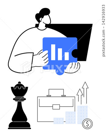 Business planning, strategy development, financial analysis, investment growth, corporate decisions, success framework. Person holding puzzle piece with graph icon, chess piece, briefcase rising Business planning, strategy development, financial analysis, investment growth, corporate decisions, success framework. Person holding puzzle piece with graph icon, chess piece, briefcase rising 142916933