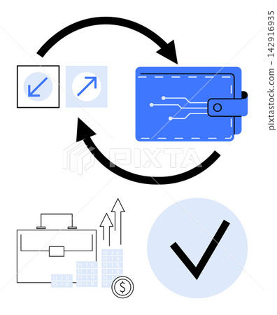 Financial technology, digital transactions, payment methods, business growth, currency exchange, verification. Digital wallet with arrows, briefcase coins and growth chart. Financial technology 142916935