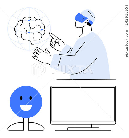 Virtual reality, AI research, brain simulation, digital communication, UX design, technology education. Person using VR headset pointing to a brain. Virtual reality and AI research concept Virtual reality, AI research, brain simulation, digital communication, UX design, technology education. Person using VR headset pointing to a brain. Virtual reality and AI research concept 142916953