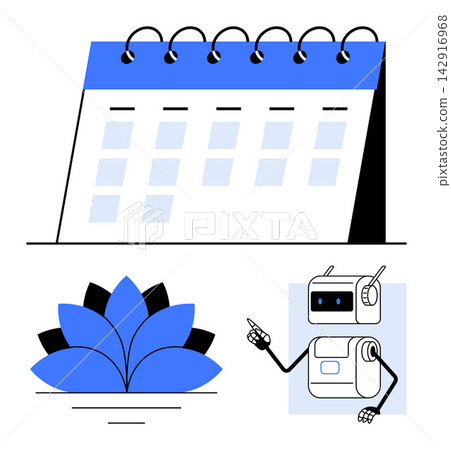 Time management, task planning, mindfulness, robotic assistance, digital tools, and scheduling. Spiral desk calendar with a lotus motif and a robot pointing. Time management and robotic assistance Time management, task planning, mindfulness, robotic assistance, digital tools, and scheduling. Spiral desk calendar with a lotus motif and a robot pointing. Time management and robotic assistance 142916968