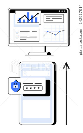 Cybersecurity, data analysis, user authentication, online security, password protection, secure login. Computer displaying charts and mobile phone with secure password input. Cybersecurity and data Cybersecurity, data analysis, user authentication, online security, password protection, secure login. Computer displaying charts and mobile phone with secure password input. Cybersecurity and data 142917014