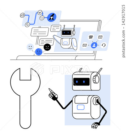 Customer assistance, AI technology, chatbot development, online troubleshooting, tech services, communication. Robotic chatbot pointing to features, icons and a wrench. AI technology and customer 142917015