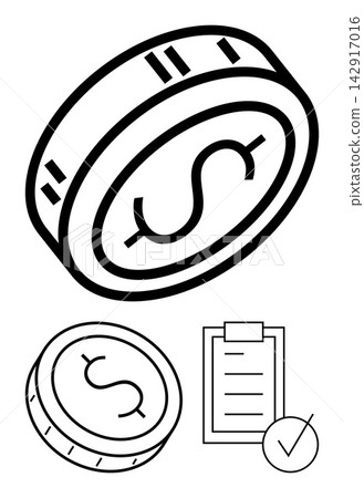 Financial planning, budget management, auditing, saving money, accounting, investment strategy. Coin with a dollar sign and a checklist icon. Financial planning and budget management concept Financial planning, budget management, auditing, saving money, accounting, investment strategy. Coin with a dollar sign and a checklist icon. Financial planning and budget management concept 142917016