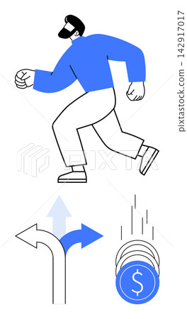 Financial planning, economic strategy, business decisions, career growth, direction choice, goal setting. Man running, directional arrows and falling coins. Financial planning and economic strategy Financial planning, economic strategy, business decisions, career growth, direction choice, goal setting. Man running, directional arrows and falling coins. Financial planning and economic strategy 142917017