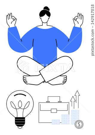 Mindfulness, business growth, problem-solving, creativity, productivity, balance. Woman meditating in a seated pose, light bulb briefcase growth chart. Mindfulness and business growth concept Mindfulness, business growth, problem-solving, creativity, productivity, balance. Woman meditating in a seated pose, light bulb briefcase growth chart. Mindfulness and business growth concept 142917018