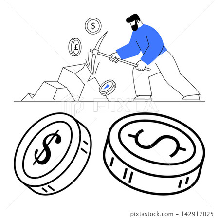 Cryptocurrency, blockchain, investment, digital economy, finance, mining. Person using pickaxe to mine currency icons. Cryptocurrency and blockchain concept Cryptocurrency, blockchain, investment, digital economy, finance, mining. Person using pickaxe to mine currency icons. Cryptocurrency and blockchain concept 142917025