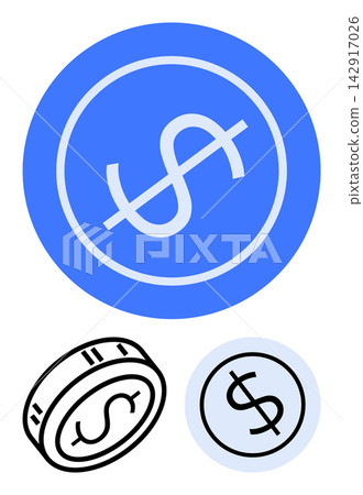 Business, finance, money exchange, banking, economy, digital transactions. Three dollar symbols in circle and coin designs. Business and finance with clean iconography Business, finance, money exchange, banking, economy, digital transactions. Three dollar symbols in circle and coin designs. Business and finance with clean iconography 142917026