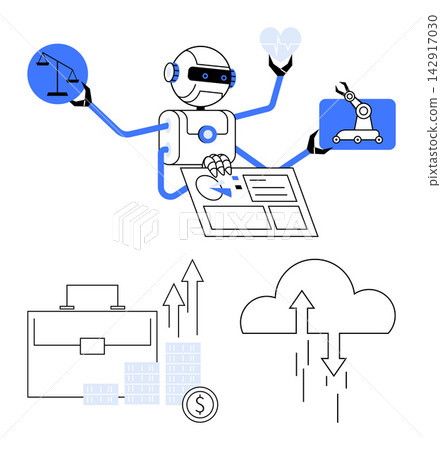 AI integration, automation technology, business growth, data visualization, cloud computing, ethical decision-making. Robot analyzing data, handling scales and managing tools. AI integration AI integration, automation technology, business growth, data visualization, cloud computing, ethical decision-making. Robot analyzing data, handling scales and managing tools. AI integration 142917030