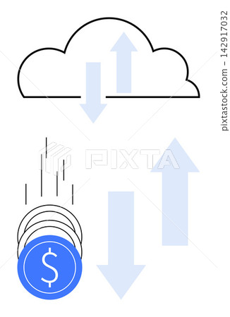 Cloud technology, financial transfers, data exchange, economics, fintech, business systems. ion of cloud with arrows and dollar symbols. Cloud technology and financial transfers theme 142917032