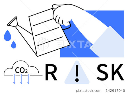 Environmental impact, climate change, sustainability, global warming, carbon emission, ecological responsibility. Hand and watering can, cloud with CO2 symbols risk text. Environmental impact Environmental impact, climate change, sustainability, global warming, carbon emission, ecological responsibility. Hand and watering can, cloud with CO2 symbols risk text. Environmental impact 142917040