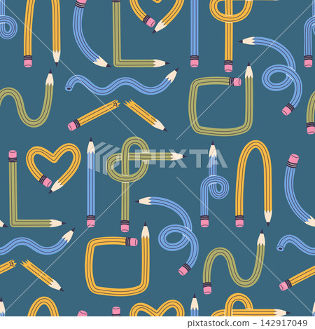 Seamless Pattern Flexible Bendable Pencils Twisted into Various Shapes and Lines on Dark Blue Background. Creative Education and School Stationery Items Repeating Template. Vector Flat Illustration. Seamless Pattern Flexible Bendable Pencils Twisted into Various Shapes and Lines on Dark Blue Background. Creative Education and School Stationery Items Repeating Template. Vector Flat Illustration. 142917049