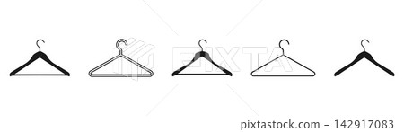Set of Five Clothes Hanger Icons in Black and Outline for Wardrobe and Laundry. Set of Five Clothes Hanger Icons in Black and Outline for Wardrobe and Laundry. 142917083