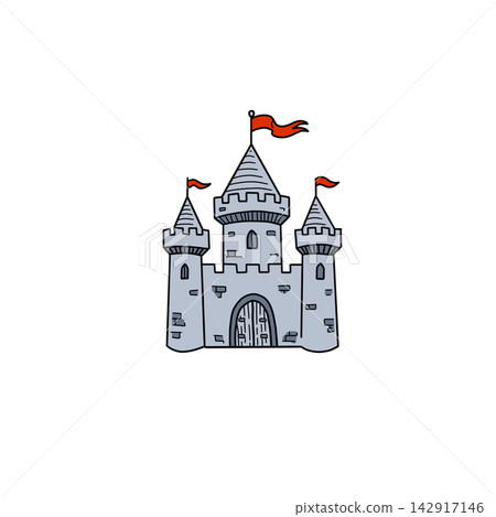 Fairy tale castle with three towers and flags, hand drawn medieval fortress sketch. Simple line art royal palace with arched gate and crenellations. Kingdom building doodle. Fairy tale castle with three towers and flags, hand drawn medieval fortress sketch. Simple line art royal palace with arched gate and crenellations. Kingdom building doodle. 142917146