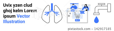 Healthcare, e-commerce, sustainability, human anatomy, online shopping, clean water usage. ion of lungs, digital shopping cart faucet dripping water. Healthcare and e-commerce concept Healthcare, e-commerce, sustainability, human anatomy, online shopping, clean water usage. ion of lungs, digital shopping cart faucet dripping water. Healthcare and e-commerce concept 142917185