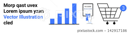 E-commerce, business analytics, shopping, online transactions, sales growth, market analysis. A growth chart, barcode scanning shopping cart icon. E-commerce and business analytics concept 142917186