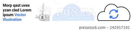 Cloud storage, data synchronization, technology networks, internet connectivity, cloud computing, data sharing. A cloud icon with sync symbol and circuit board design. Cloud storage 142917191