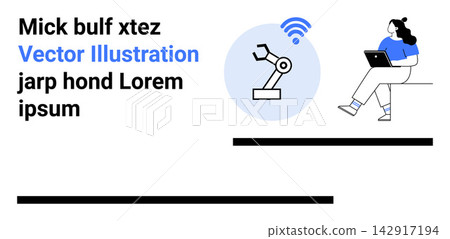Technology integration, remote work, wireless automation, digital innovation, industrial robotics, connectivity. Woman using laptop near robot arm with wireless symbol. Technology integration Technology integration, remote work, wireless automation, digital innovation, industrial robotics, connectivity. Woman using laptop near robot arm with wireless symbol. Technology integration 142917194