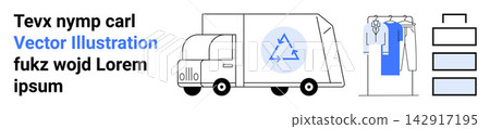 Sustainable fashion, eco-conscious logistics, recycling, green economy, apparel delivery, e-commerce. Truck with a recycling icon, clothing on rack. Sustainable fashion and eco-conscious logistics Sustainable fashion, eco-conscious logistics, recycling, green economy, apparel delivery, e-commerce. Truck with a recycling icon, clothing on rack. Sustainable fashion and eco-conscious logistics 142917195