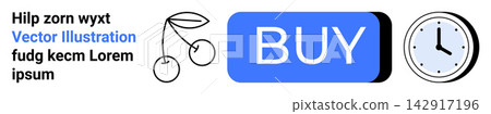 Online shopping, e-commerce, time management, user interface, digital transactions, minimal design. Outlined cherries, circular clock bold blue buy button. Online shopping and e-commerce concept Online shopping, e-commerce, time management, user interface, digital transactions, minimal design. Outlined cherries, circular clock bold blue buy button. Online shopping and e-commerce concept 142917196