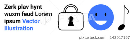 Online privacy, emotional communication, technology, music, security, multimedia. A lock, a blue happy face and a music note. Online privacy and emotional communication concept Online privacy, emotional communication, technology, music, security, multimedia. A lock, a blue happy face and a music note. Online privacy and emotional communication concept 142917197