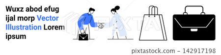 Business communication, retail, shopping transactions, teamwork, collaboration, corporate identity. Two individuals exchanging items, shopping bags and a briefcase. Business communication and retail Business communication, retail, shopping transactions, teamwork, collaboration, corporate identity. Two individuals exchanging items, shopping bags and a briefcase. Business communication and retail 142917198
