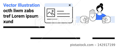 Online privacy, communication design, user interfaces, digital identity, personal branding, website visuals. Window illustration with text and a person showing a stop gesture. Online privacy Online privacy, communication design, user interfaces, digital identity, personal branding, website visuals. Window illustration with text and a person showing a stop gesture. Online privacy 142917199