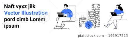 Finance, technology, investment, remote work, productivity, digital economy. Two people use laptops with stacked coins nearby. Finance and technology expressed with remote work and investment ideas Finance, technology, investment, remote work, productivity, digital economy. Two people use laptops with stacked coins nearby. Finance and technology expressed with remote work and investment ideas 142917213
