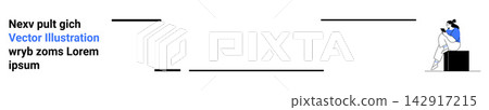 Education, reading, modern design, minimalism, typography, communication. A minimalist layout with text, horizontal lines and a person sitting on a cube reading. Education and modern design concepts 142917215